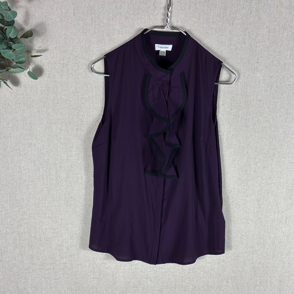 Calvin Klein > New with Tags Purple Sleeveless Ruffled Button Down Blouse Medium